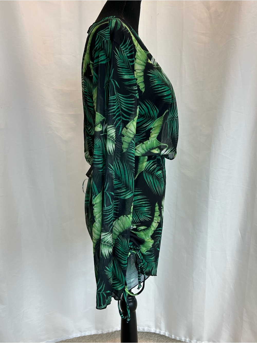 Tropical Palm Leaf Sheer deep plunge Romper Cover-Up Long Sleeve Black Green M - Picture 6 of 16